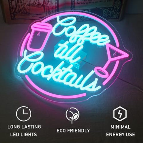 Coffee till Cocktail Neon Signs Blue Pink Led Neon Bar Sign Letter Neon Light Coffee Led Signs Cocktail Bar Neon for Cafe Bar Restaurant Party Wall Decor Gift