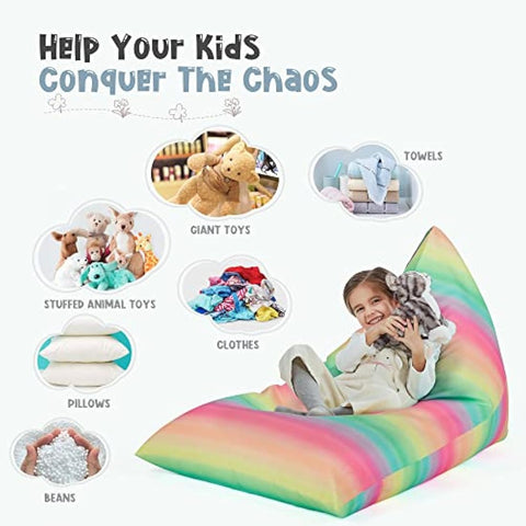 Nobildonna Stuffed Animal Storage Bean Bag Chair Cover Only for Kids and Adults, Extra Large Beanbag Without Filling Plush Toys Holder and Organizer- Premium Canvas 250L (Rainbow Stripes)