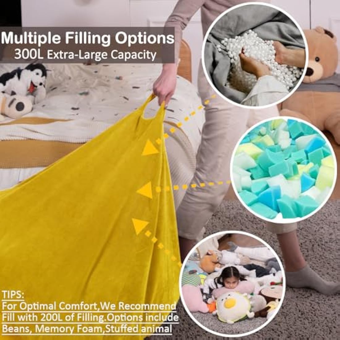 Nobildonna Bean Bag Chair Cover (No Filler) for Kids and Adults. Extra Large 300L Bean Bag Stuffed Animal Storage Washable Soft Premium Corduroy Stuffed Plush Toys Bean Bag Cover