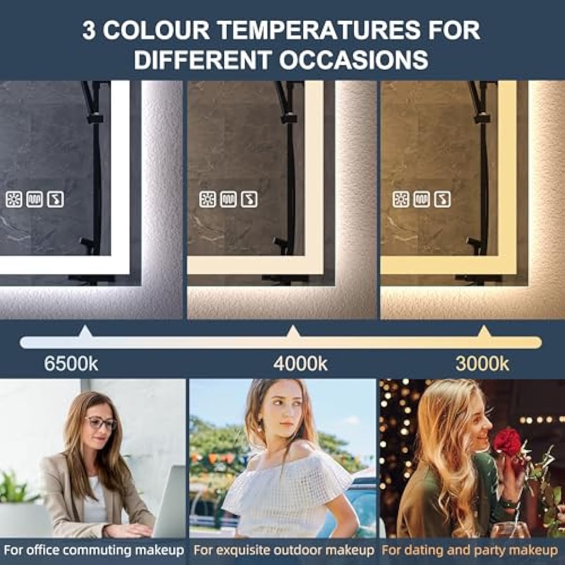 S'bagno Bluetooth-Bathroom-Mirror-with-LED-Lights 700x500mm, LED-Bathroom-Mirror with Defogging Mat, 3000K-6500K, Dimmable, Memory, HD Tempered Glass, IP44 Waterproof, Horizontal/Vertical