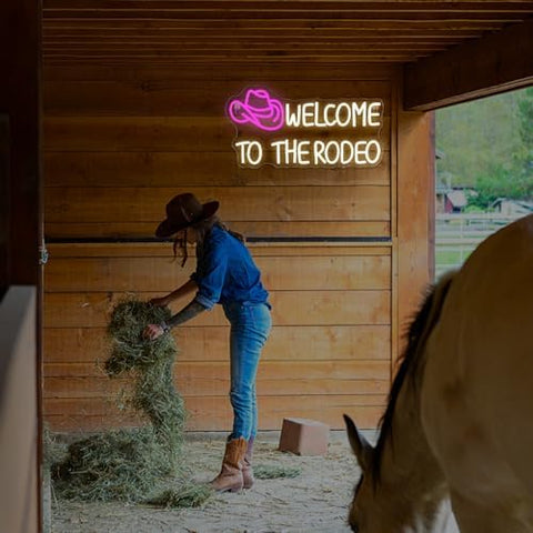 Ineonlife Welcome To The Rodeo Neon Sign, Western Cowboy Hat Neon Light for Wall Decor, Pink Warm White Neon Lights, Dimmable Led USB Light Up Signs for Living Room Man Cave Bar Recreation Room Decor