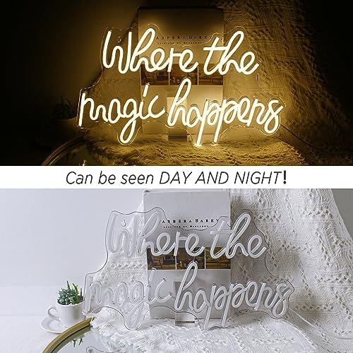 Where The Magic Happens Neon Signs Led White Word Light Up Signs for Wall USB Powered Letter Neon Light Signs Night Light for Bedroom Wedding Birthday Decor Girl Gift