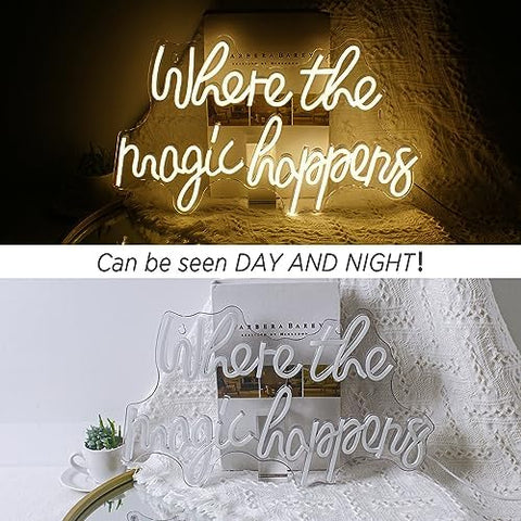 Where The Magic Happens Neon Signs Led White Word Light Up Signs for Wall USB Powered Letter Neon Light Signs Night Light for Bedroom Wedding Birthday Decor Girl Gift