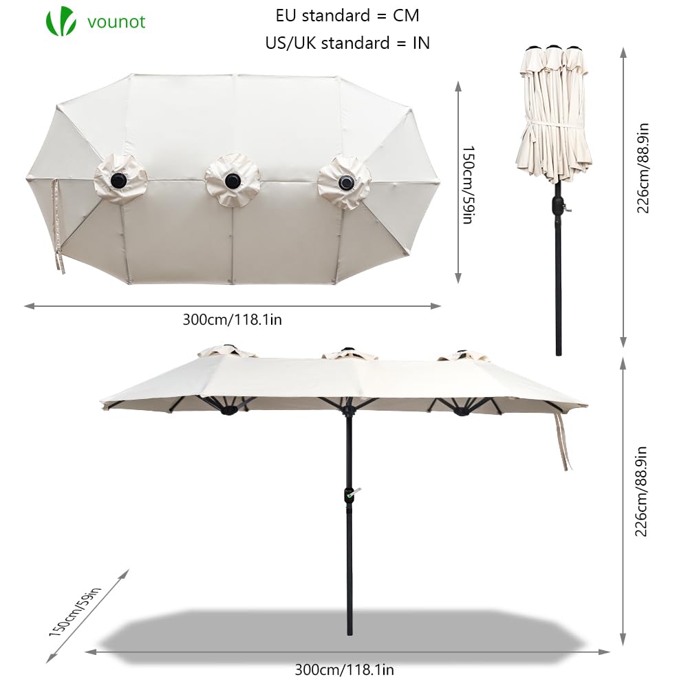 VOUNOT? 3m Double Garden Parasol, Extra Large Rectangular Patio Table Umbrella, with Crank Handle, Protective Cover, UV 50+, Beige