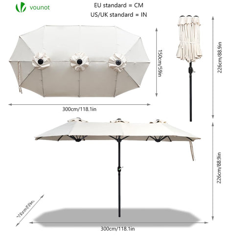 VOUNOT? 3m Double Garden Parasol, Extra Large Rectangular Patio Table Umbrella, with Crank Handle, Protective Cover, UV 50+, Beige