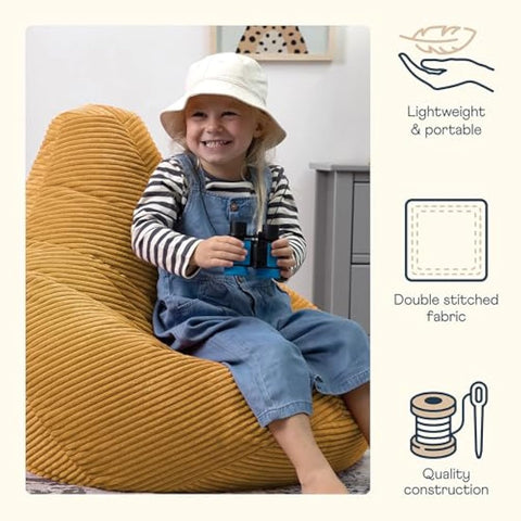 icon Dalton Kids Bean Bag, Ochre Yellow, Cord Kids Bean Bag Chair with Filling Included for Girls and Boys, Childrens Chair, Beanbags for Children, Playroom Décor, Bedroom Accessories