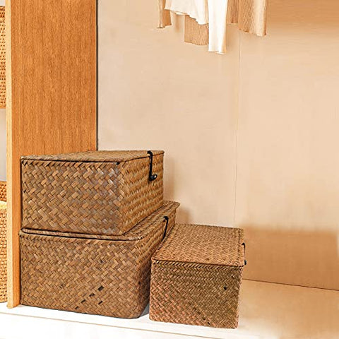 Wicker Storage Basket Woven Rattan Storage Box With Lids Seagrass Laundry Baskets Makeup Organizer For Bathroom, Living Room, Kitchen (S+M+L)
