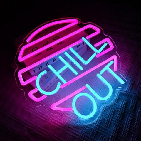 OYCGZV Chill Out Neon Light Sign - Blue Pink Neon Sign for Wall Decor Letter Neon Wall Light USB Led Sign for Home Game Zone Living Room Bedroom Man Cave Party Beer Bar Pub Cafe Party