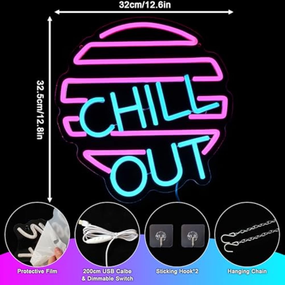OYCGZV Chill Out Neon Light Sign - Blue Pink Neon Sign for Wall Decor Letter Neon Wall Light USB Led Sign for Home Game Zone Living Room Bedroom Man Cave Party Beer Bar Pub Cafe Party