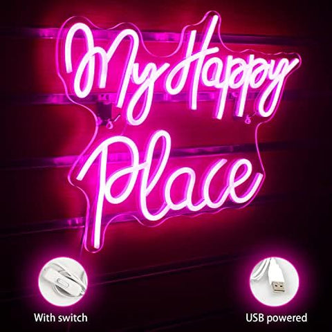 SIGNSHIP My Happy Place neon Sign Led neon Light is Used for Wall Decoration, USB Powered Pink Letters neon Sign Acrylic Art Wall Decoration is Used for Bedroom, Game Room, Living Room, bar