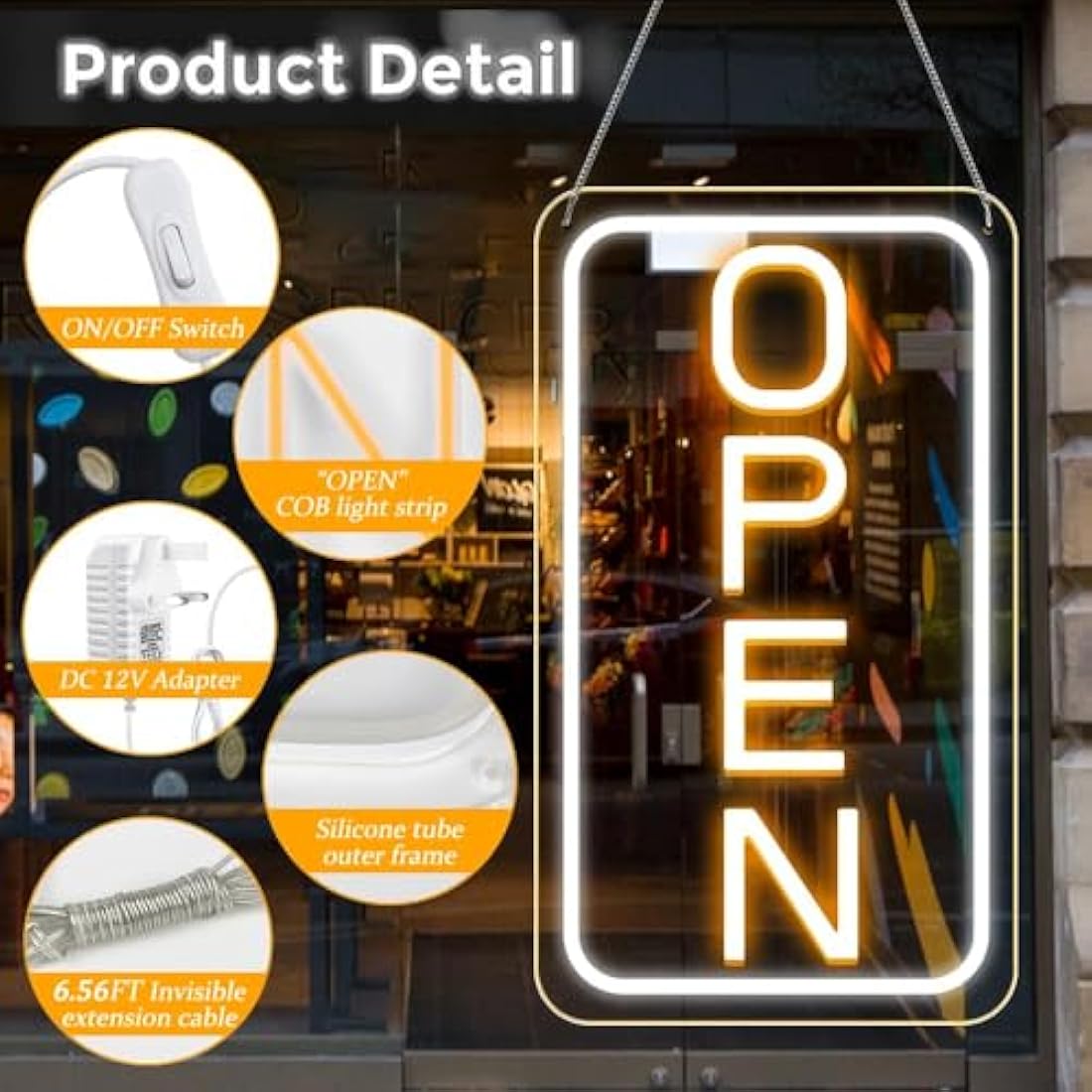 LightingWill LED Neon Open Sign, 23"x 12" Ultra Bright Open Signs for Business, Light Up Signs for Business Window, Coffee Shops, Stores, Restaurants Bars Hotel, Yellow/White, Vertical