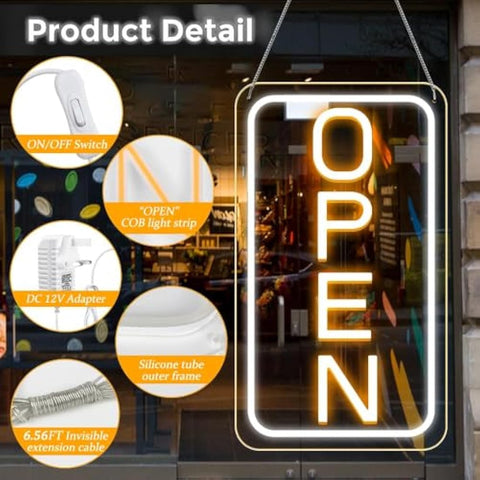 LightingWill LED Neon Open Sign, 23"x 12" Ultra Bright Open Signs for Business, Light Up Signs for Business Window, Coffee Shops, Stores, Restaurants Bars Hotel, Yellow/White, Vertical