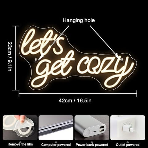 Horseneon Let's Get Cozy Neon Light Sign Warm White Letter Neon Lights Led Neon Sign for Wall USB Dimmable Neon Lights for Bedroom Bar Cafe Club Salon Store Party