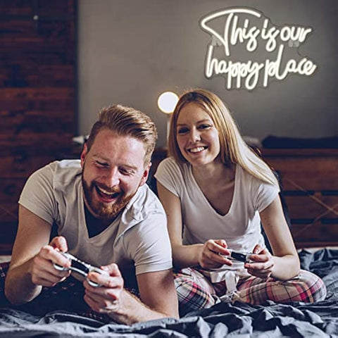 Looklight This is Our Happy Place Neon Sign Warm White Neon Signs for Wall Decor, Letter Light Sign Happy Place Light Up Signs for Bedroom Kids Room Home Bar Birthday Wedding Party Game Room