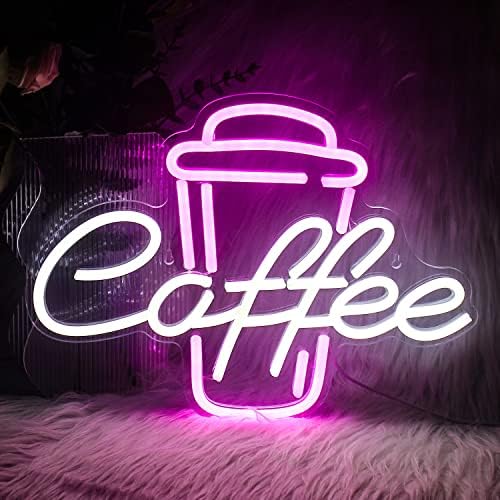 Ineonlife Coffee Neon Light Sign Pink Neon Signs Neon Lights White Open Sign White Letter Light Up Coffee Cup Neon Light Signs for Wall Cafe Bar Restaurant Decor