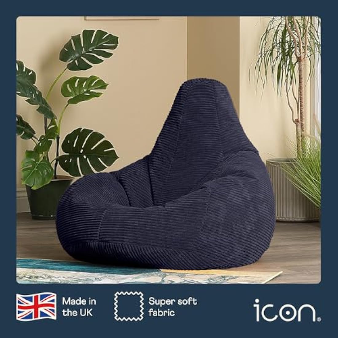 icon Dalton Cord Recliner Bean Bag, Navy Blue, Large Adult Bean Bag Chair with Filling Included, Comfy Chair, Living Room Furniture, Bedroom Furniture
