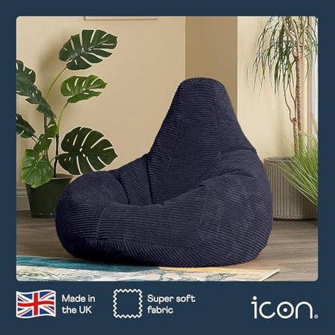 icon Dalton Cord Recliner Bean Bag, Navy Blue, Large Adult Bean Bag Chair with Filling Included, Comfy Chair, Living Room Furniture, Bedroom Furniture