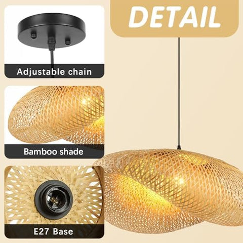 Schindora Boho Pendant Light,Creativity Hat E27 Rattan Lampshade Retro Light Straw Hanging Lights Weaving Pendant Lights for Dining Room Tea Room Living Room,60Cm