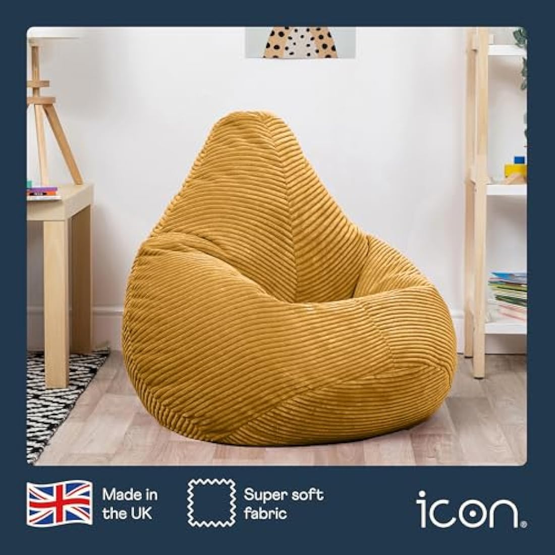 icon Dalton Kids Bean Bag, Ochre Yellow, Cord Kids Bean Bag Chair with Filling Included for Girls and Boys, Childrens Chair, Beanbags for Children, Playroom Décor, Bedroom Accessories