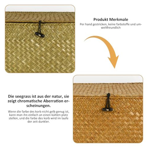 Wicker Storage Basket Woven Rattan Storage Box With Lids Seagrass Laundry Baskets Makeup Organizer For Bathroom, Living Room, Kitchen (S+M+L)