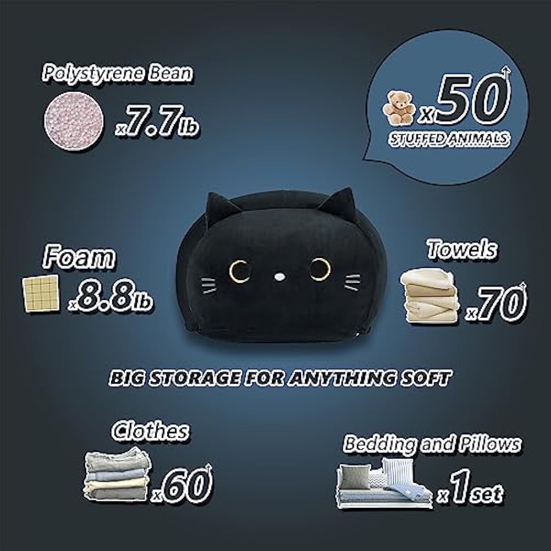cuebear Stuffed Animal Storage Bean Bag Chair Cover for Kids Black Cat Beanbag Chair for Girls Large Size Toy Organizer Cover Only without Filling