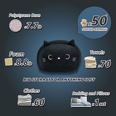 cuebear Stuffed Animal Storage Bean Bag Chair Cover for Kids Black Cat Beanbag Chair for Girls Large Size Toy Organizer Cover Only without Filling