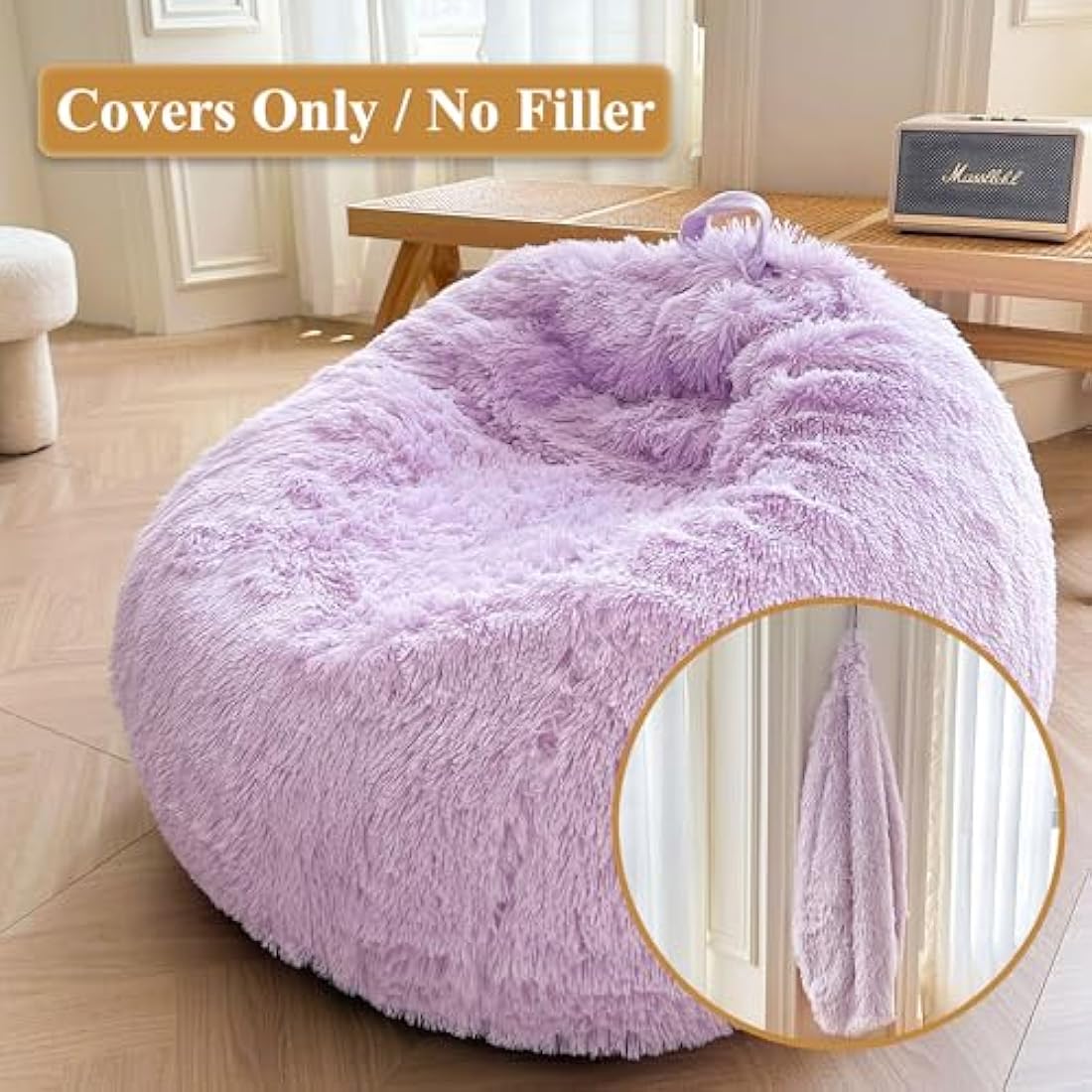 XeGe Faux Fur Comfy Bean Bag Cover for Living Room(No Filler), Fluffy Stuffed Animal Storage Bean Bag Chair Cover Light Purple, Furry Fuzzy Beanbag Cover for Adults Kids Girls, Anti-slip, Lavender