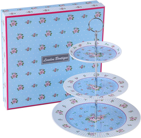 Gift For Mum/ Dad Coronation Family Party Set Special 3 Tier Cake Stand Teapot Milk Jug 2 Cups 2 Saucers (Blue Rose)