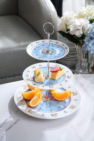 Gift For Mum/ Dad Coronation Family Party Set Special 3 Tier Cake Stand Teapot Milk Jug 2 Cups 2 Saucers (Blue Rose)
