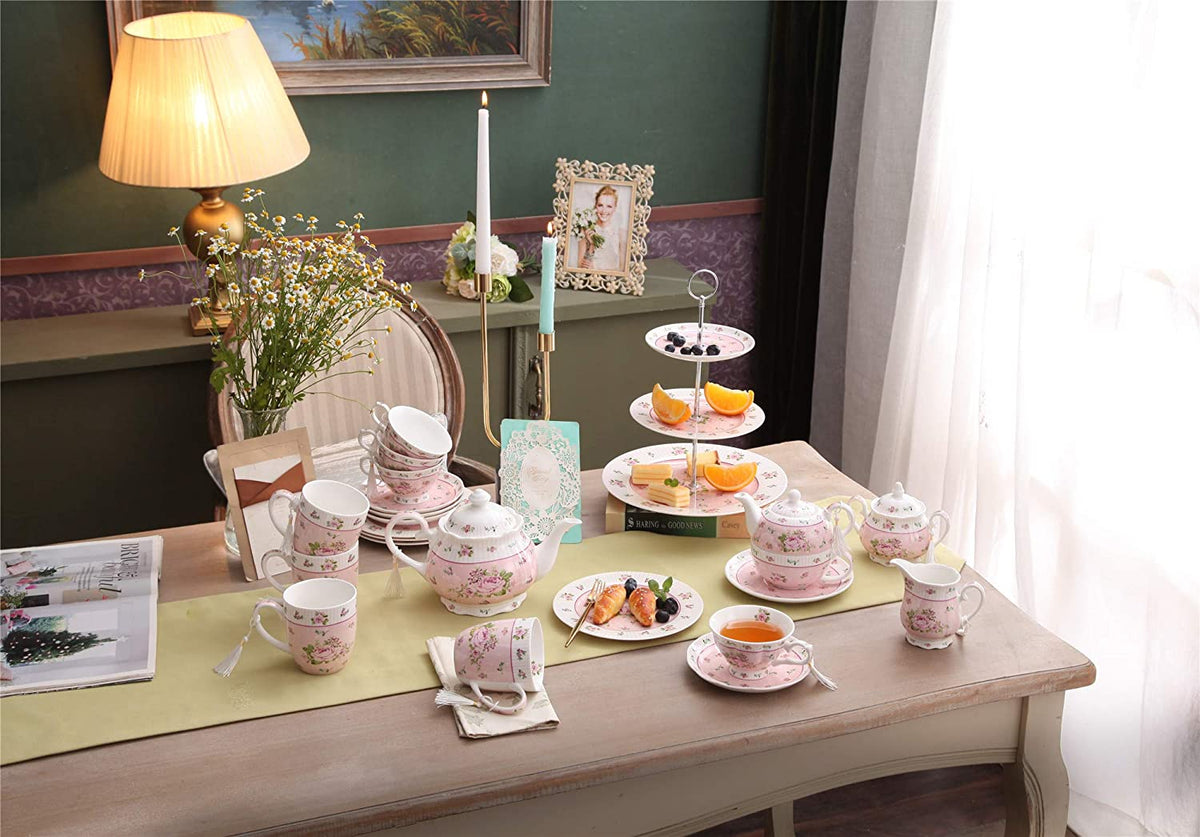 Christmas New Year Family Party Set Special 3 Tier Cake Stand Teapot Milk Jug 4 Cups 4 Saucers (Pink Rose)