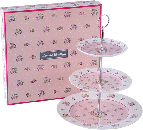 Christmas New Year Family Party Set Special 3 Tier Cake Stand Teapot Milk Jug 4 Cups 4 Saucers (Pink Rose)