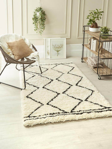 Berber Cream/Black Wool Shaggy Rug