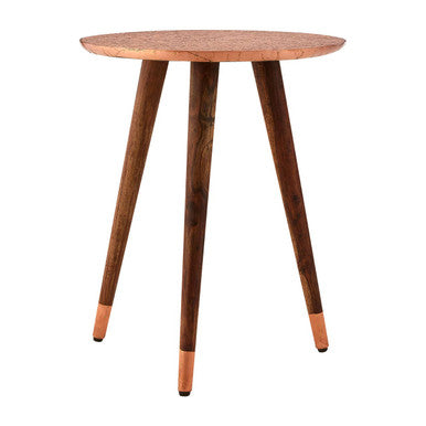Boho Copper Finish Carved Metal Top Side Table