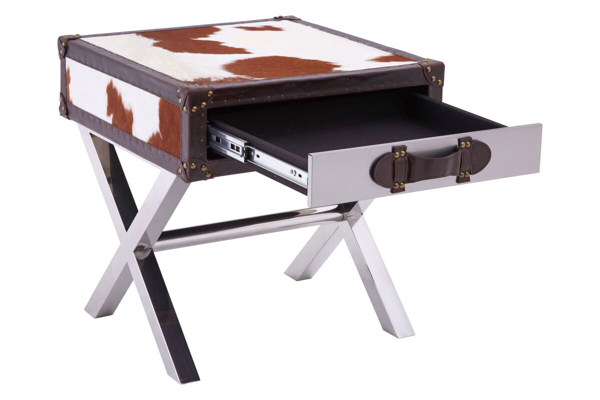 Kensington Townhouse Brown And White Genuine Cowhide One Drawer Table