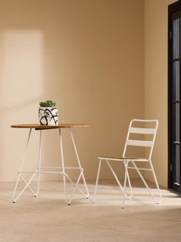 District White Metal and Elm Wood Round Dining Table