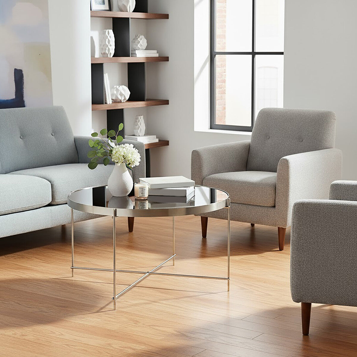 Allure Large Grey Mirror Round  Side Table