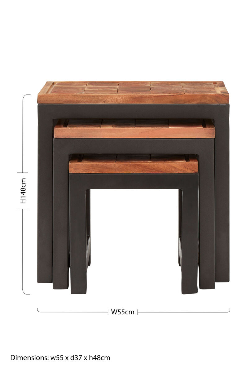 Artisan Set of Three Acacia Wood and Metal Nesting Tables