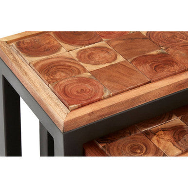 Artisan Set of Three Acacia Wood and Metal Nesting Tables
