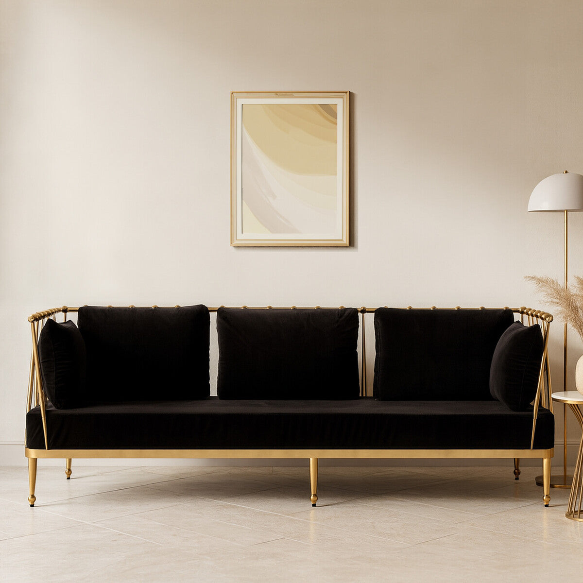 Novo 3 Seat Gold Finish Tapered Arms Sofa