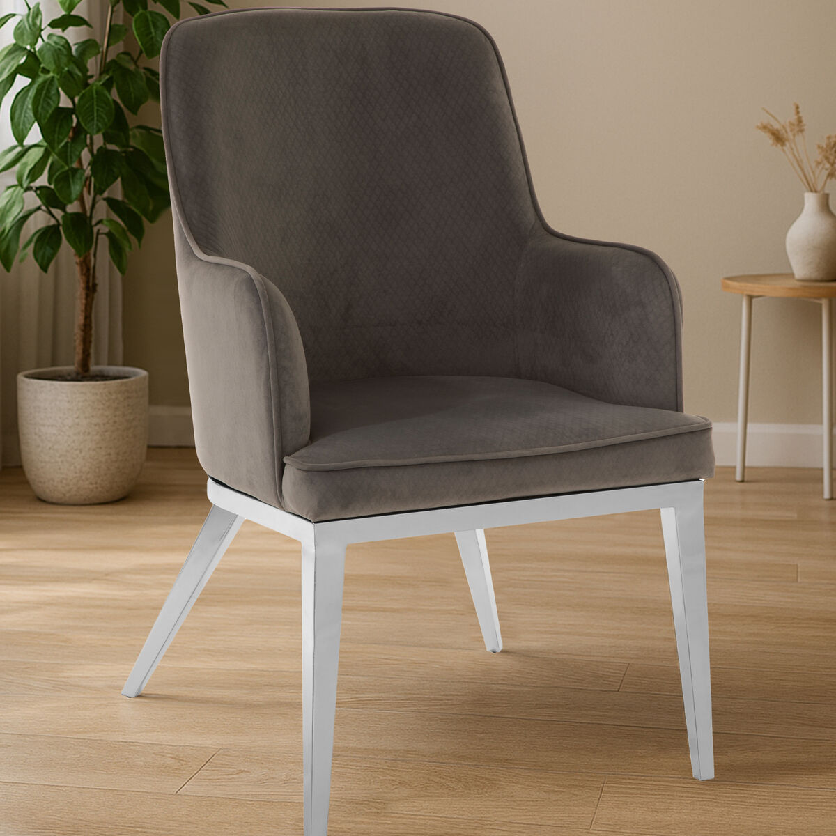 Eliza Grey Velvet Dining Chair With Silver Finish Legs