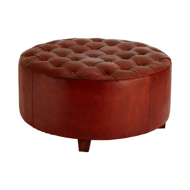 Inca Round Button Tufted Antique Brown Leather Large Stool