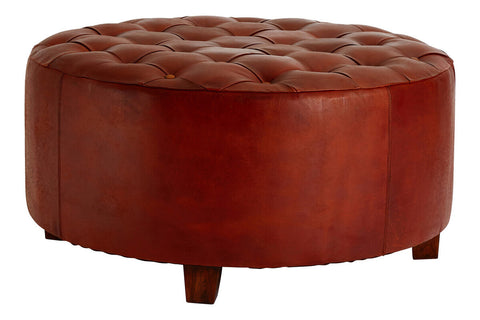 Inca Round Button Tufted Antique Brown Leather Large Stool