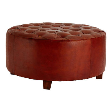 Inca Round Button Tufted Antique Brown Leather Large Stool