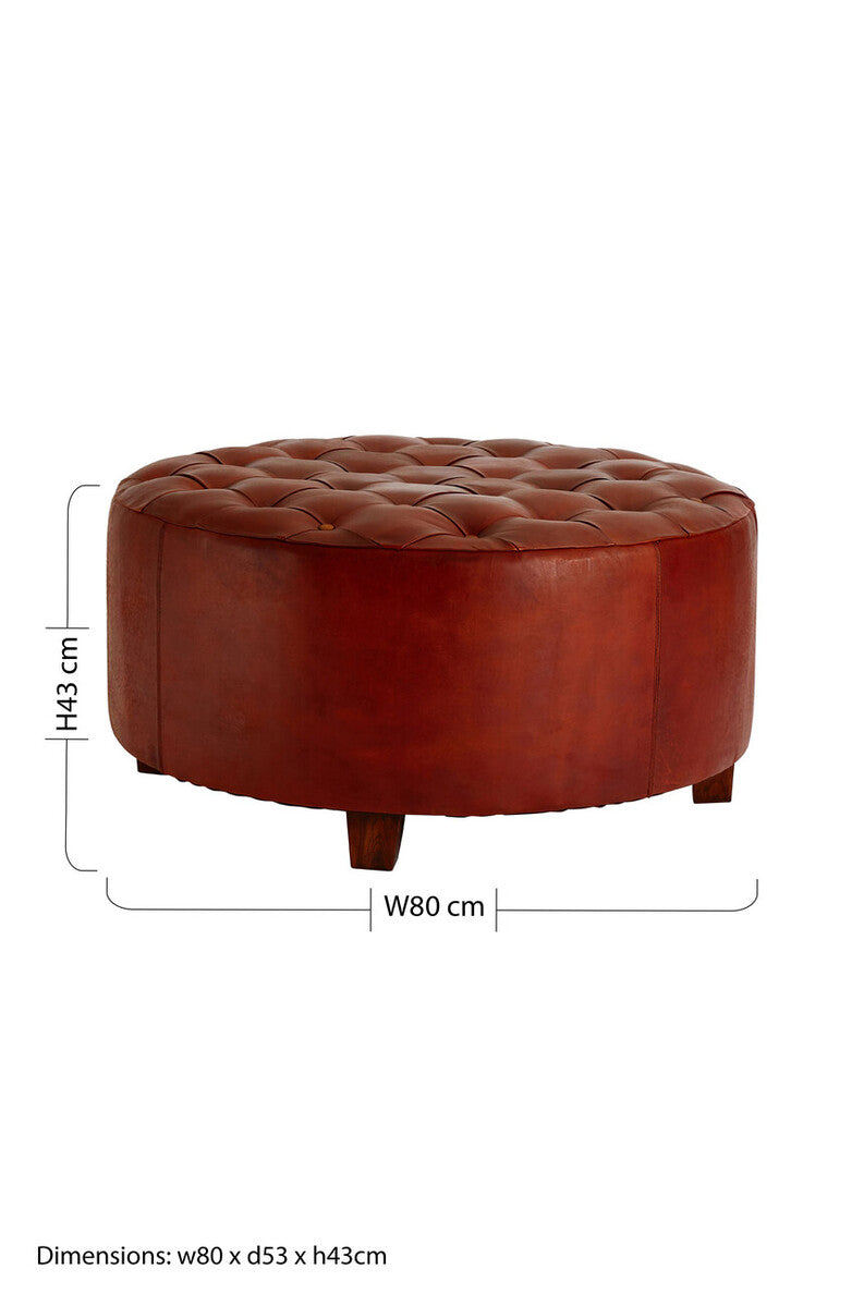 Inca Round Button Tufted Antique Brown Leather Large Stool