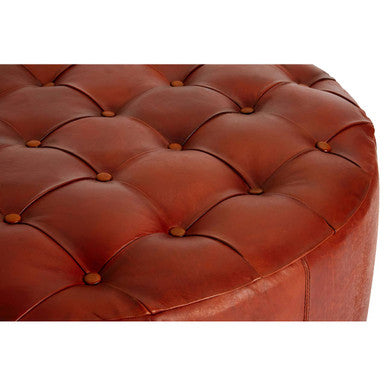 Inca Round Button Tufted Antique Brown Leather Large Stool