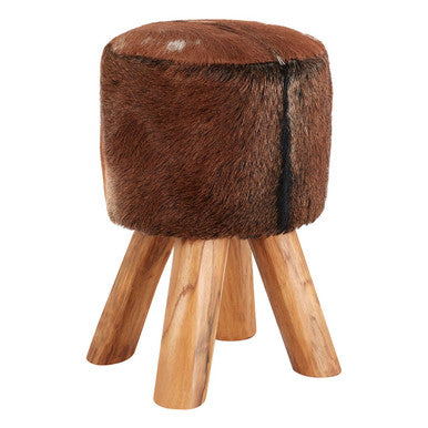 Inca Brown Goat Hide Hair on Leather  Round Stool
