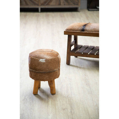 Inca Brown Goat Hide Hair on Leather  Round Stool