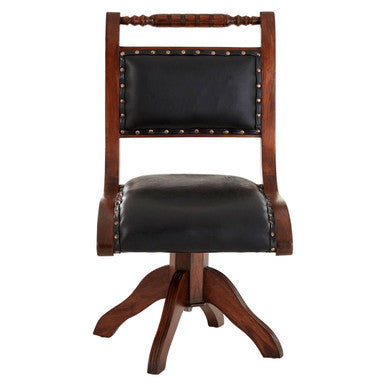 Inca Black Leather and Teak Wood Swivel Chair
