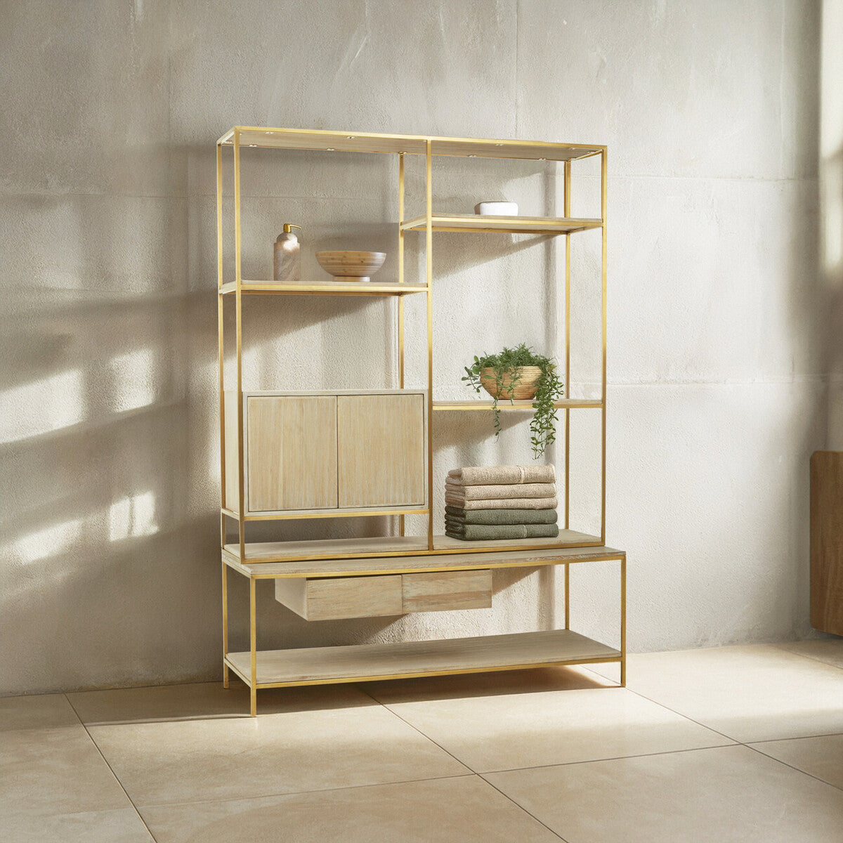 Modica Oak Wood and Gold Finish Shelf Unit