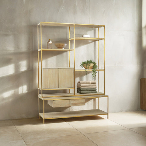 Modica Oak Wood and Gold Finish Shelf Unit